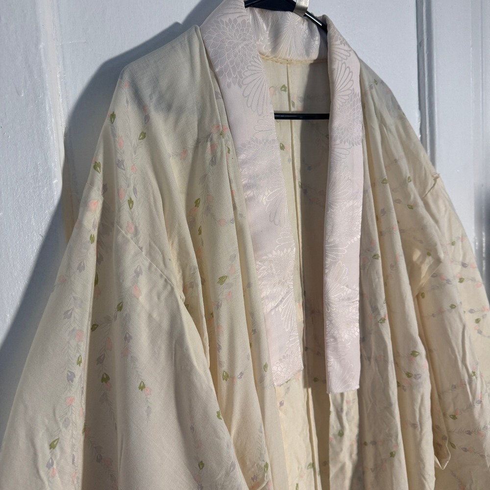 Vtg Japanese Cotton Kimono Robe Cream Floral Sakura Cherry Blossom Loungewear - Picture 5 of 8
